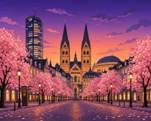 Illustrated Bonn skyline with the Post Tower and the Münster behind cherry blossom