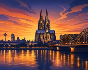 Illustrated Cologne skyline with the cathedral and Hohenzollern Bridge at sunset