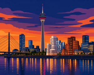 Illustrated Düsseldorf skyline with the Rheinturm and the Media Harbour at sunset