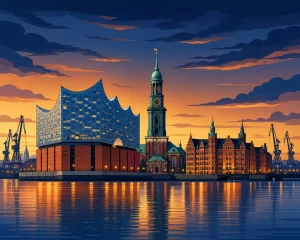 Illustrated Hamburg skyline with the Elbphilharmonie at sunset